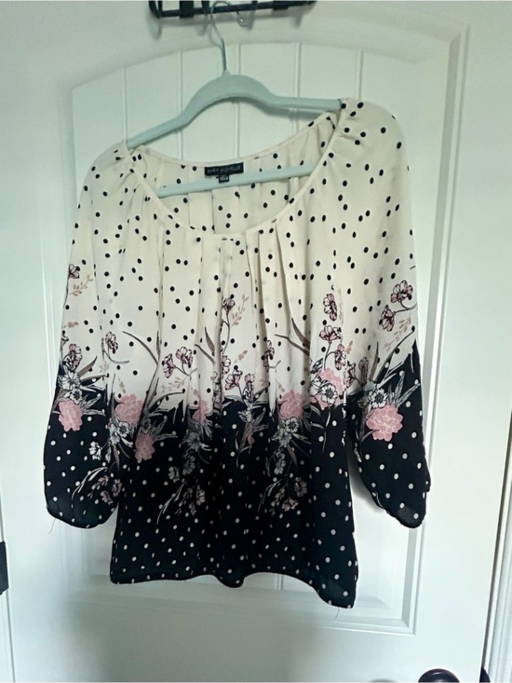Sara Michelle Cream and Black Polka Dot Pleated Top